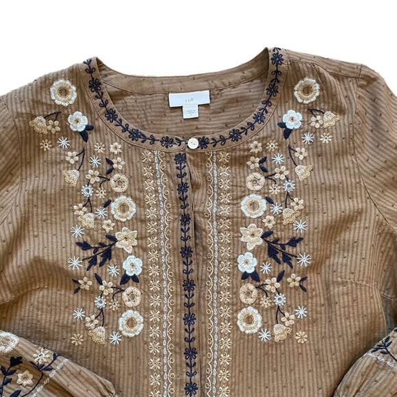 J. Jill Cotton Brown Embroidered Floral Swiss Dot Button Down Peasant Blouse S - Picture 6 of 14